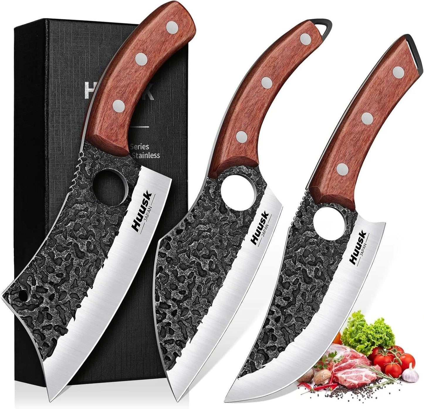 Huusk Butcher Knife Set of 3 - Japanese Knife Set for Meat Cutting | Hand Forged Viking Knives Sets with Meat Cleaver, Heavy-Duty Kitchen Knives Sets for Bone BBQ Vegetable, Gift for Men