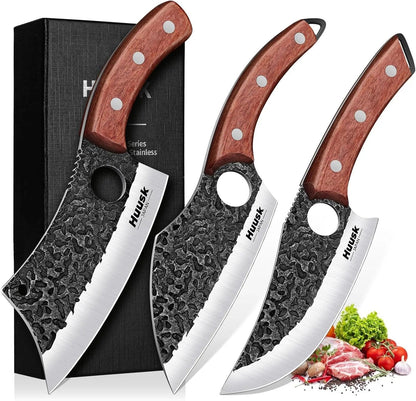 Huusk Butcher Knife Set of 3 - Japanese Knife Set for Meat Cutting | Hand Forged Viking Knives Sets with Meat Cleaver, Heavy-Duty Kitchen Knives Sets for Bone BBQ Vegetable, Gift for Men