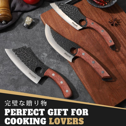 Huusk Butcher Knife Set of 3 - Japanese Knife Set for Meat Cutting | Hand Forged Viking Knives Sets with Meat Cleaver, Heavy-Duty Kitchen Knives Sets for Bone BBQ Vegetable, Gift for Men