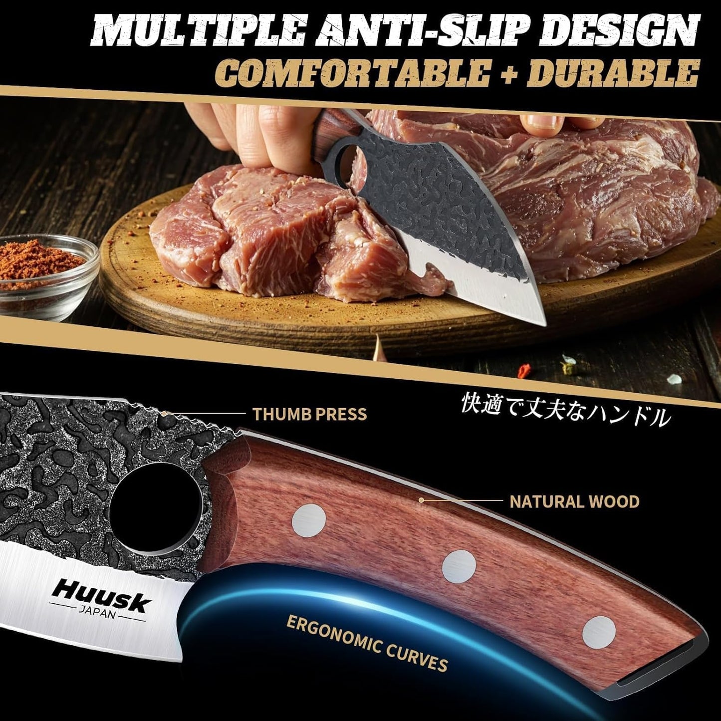 Huusk Butcher Knife Set of 3 - Japanese Knife Set for Meat Cutting | Hand Forged Viking Knives Sets with Meat Cleaver, Heavy-Duty Kitchen Knives Sets for Bone BBQ Vegetable, Gift for Men