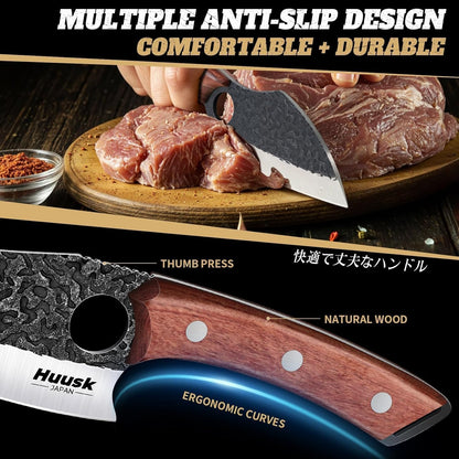 Huusk Butcher Knife Set of 3 - Japanese Knife Set for Meat Cutting | Hand Forged Viking Knives Sets with Meat Cleaver, Heavy-Duty Kitchen Knives Sets for Bone BBQ Vegetable, Gift for Men