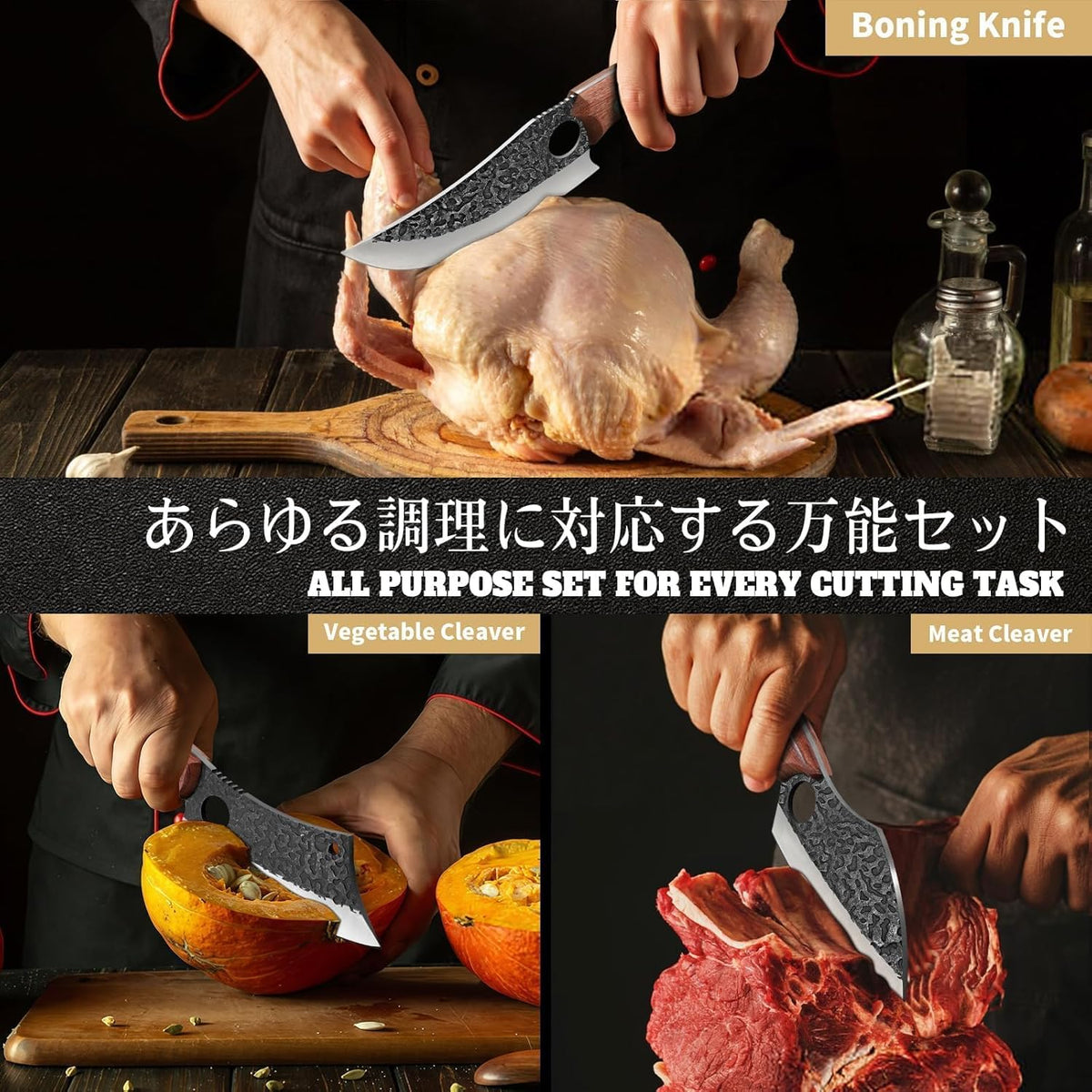 Huusk Butcher Knife Set of 3 - Japanese Knife Set for Meat Cutting | Hand Forged Viking Knives Sets with Meat Cleaver, Heavy-Duty Kitchen Knives Sets for Bone BBQ Vegetable, Gift for Men