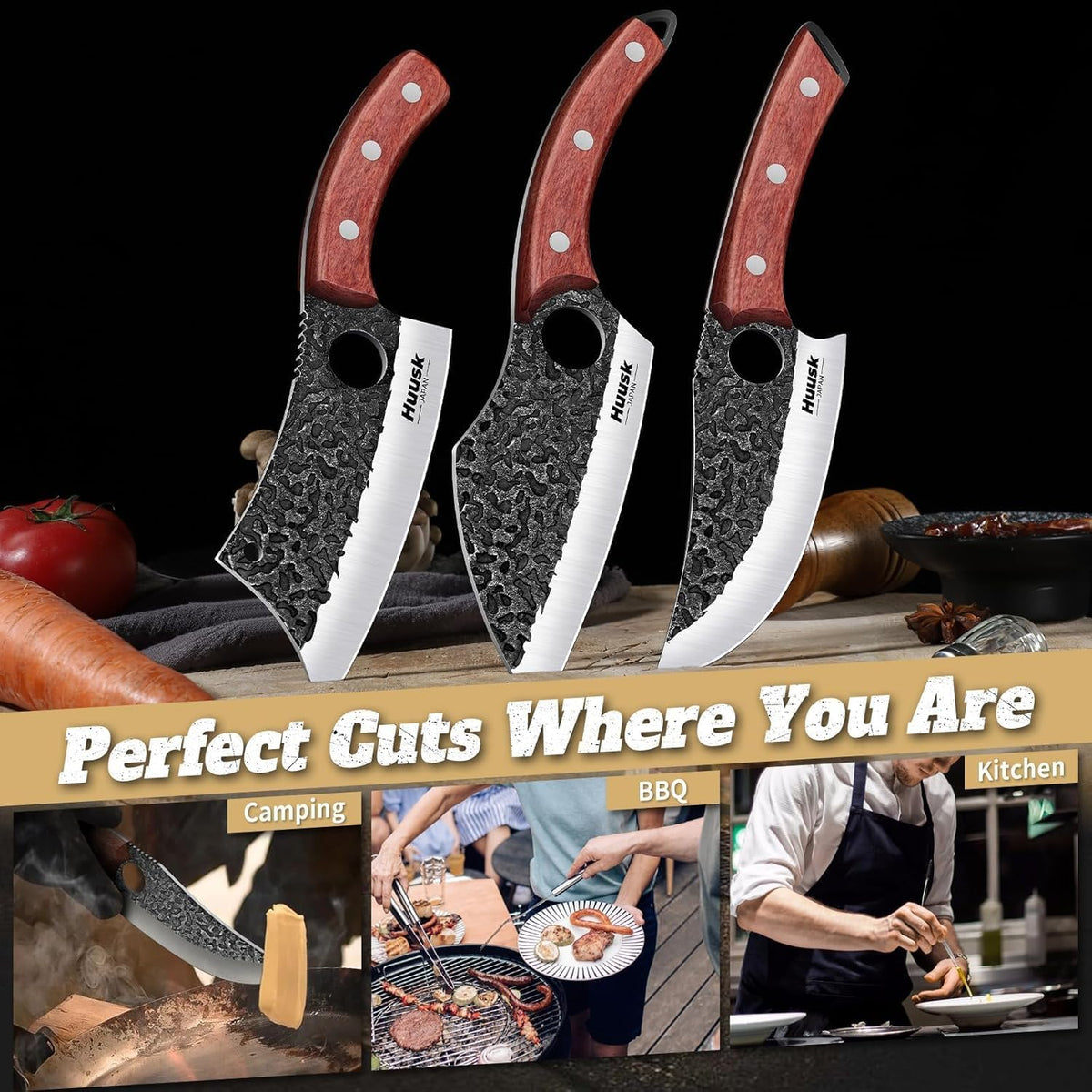 Huusk Butcher Knife Set of 3 - Japanese Knife Set for Meat Cutting | Hand Forged Viking Knives Sets with Meat Cleaver, Heavy-Duty Kitchen Knives Sets for Bone BBQ Vegetable, Gift for Men