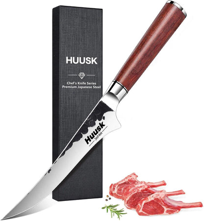 Huusk Butcher Knife Set of 3 - Japanese Knife Set for Meat Cutting | Hand Forged Viking Knives Sets with Meat Cleaver, Heavy-Duty Kitchen Knives Sets for Bone BBQ Vegetable, Gift for Men