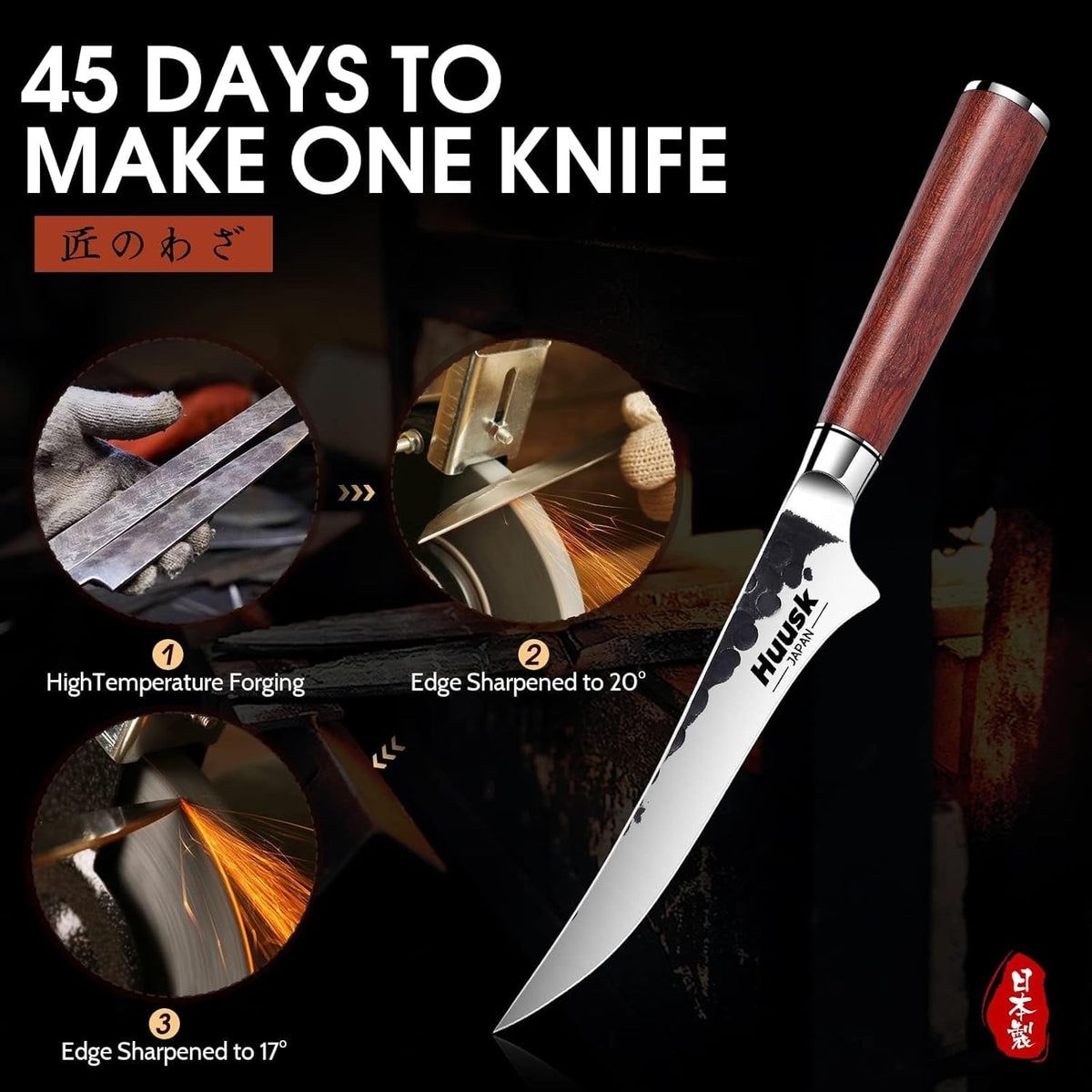 Huusk Butcher Knife Set of 3 - Japanese Knife Set for Meat Cutting | Hand Forged Viking Knives Sets with Meat Cleaver, Heavy-Duty Kitchen Knives Sets for Bone BBQ Vegetable, Gift for Men