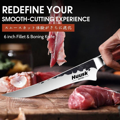 Huusk Butcher Knife Set of 3 - Japanese Knife Set for Meat Cutting | Hand Forged Viking Knives Sets with Meat Cleaver, Heavy-Duty Kitchen Knives Sets for Bone BBQ Vegetable, Gift for Men