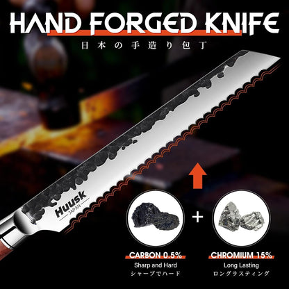Huusk Butcher Knife Set of 3 - Japanese Knife Set for Meat Cutting | Hand Forged Viking Knives Sets with Meat Cleaver, Heavy-Duty Kitchen Knives Sets for Bone BBQ Vegetable, Gift for Men