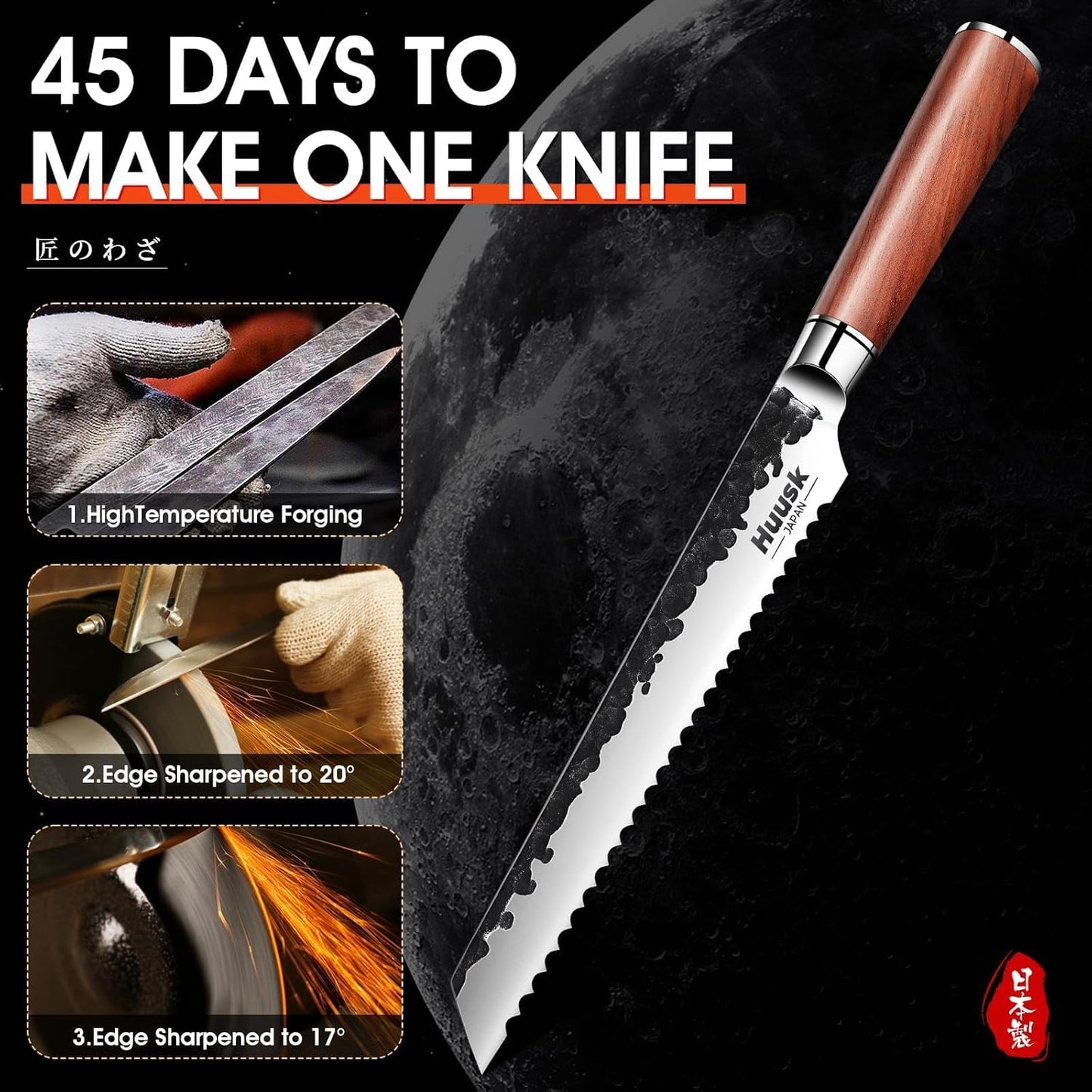 Huusk Butcher Knife Set of 3 - Japanese Knife Set for Meat Cutting | Hand Forged Viking Knives Sets with Meat Cleaver, Heavy-Duty Kitchen Knives Sets for Bone BBQ Vegetable, Gift for Men
