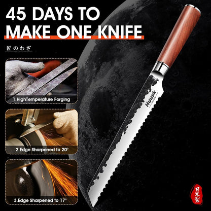 Huusk Butcher Knife Set of 3 - Japanese Knife Set for Meat Cutting | Hand Forged Viking Knives Sets with Meat Cleaver, Heavy-Duty Kitchen Knives Sets for Bone BBQ Vegetable, Gift for Men