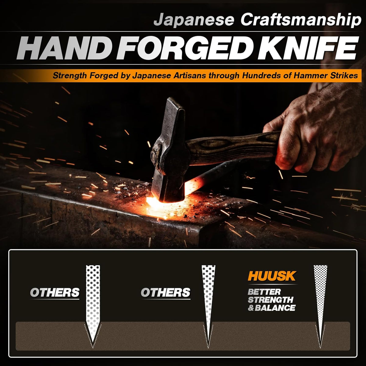 Huusk Butcher Knife Set of 3 - Japanese Knife Set for Meat Cutting | Hand Forged Viking Knives Sets with Meat Cleaver, Heavy-Duty Kitchen Knives Sets for Bone BBQ Vegetable, Gift for Men