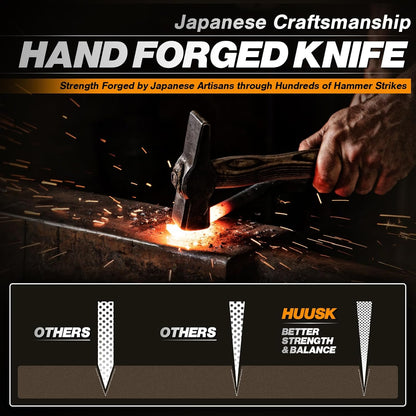 Huusk Butcher Knife Set of 3 - Japanese Knife Set for Meat Cutting | Hand Forged Viking Knives Sets with Meat Cleaver, Heavy-Duty Kitchen Knives Sets for Bone BBQ Vegetable, Gift for Men