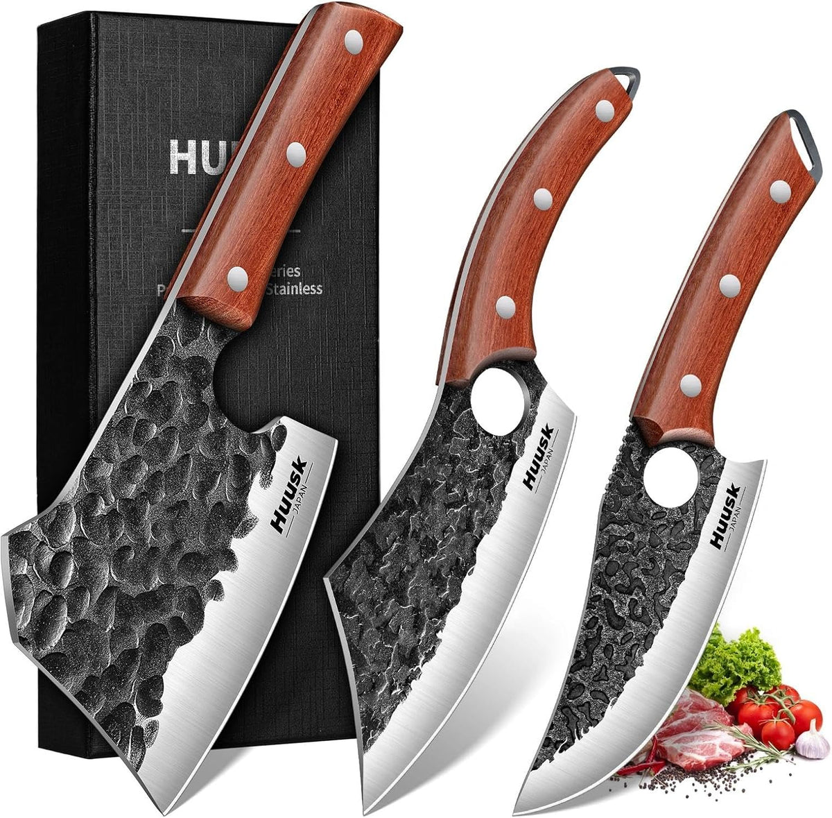 Huusk Butcher Knife Set of 3 - Japanese Knife Set for Meat Cutting | Hand Forged Viking Knives Sets with Meat Cleaver, Heavy-Duty Kitchen Knives Sets for Bone BBQ Vegetable, Gift for Men
