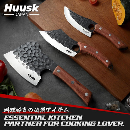 Huusk Butcher Knife Set of 3 - Japanese Knife Set for Meat Cutting | Hand Forged Viking Knives Sets with Meat Cleaver, Heavy-Duty Kitchen Knives Sets for Bone BBQ Vegetable, Gift for Men