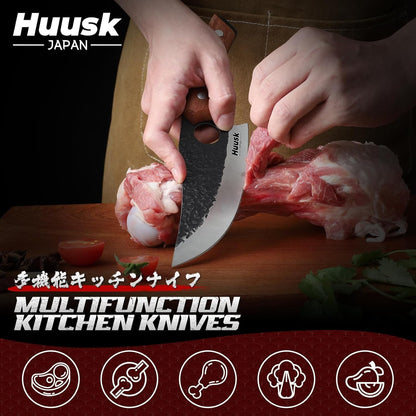 Huusk Butcher Knife Set of 3 - Japanese Knife Set for Meat Cutting | Hand Forged Viking Knives Sets with Meat Cleaver, Heavy-Duty Kitchen Knives Sets for Bone BBQ Vegetable, Gift for Men