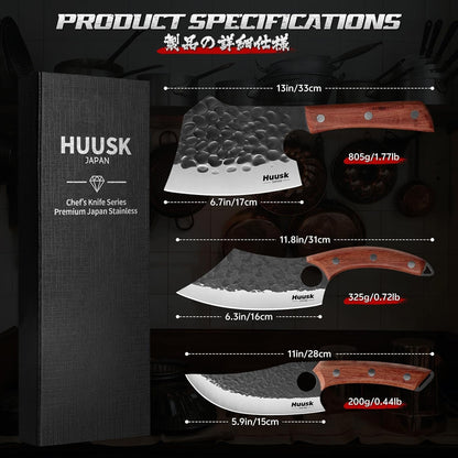 Huusk Butcher Knife Set of 3 - Japanese Knife Set for Meat Cutting | Hand Forged Viking Knives Sets with Meat Cleaver, Heavy-Duty Kitchen Knives Sets for Bone BBQ Vegetable, Gift for Men