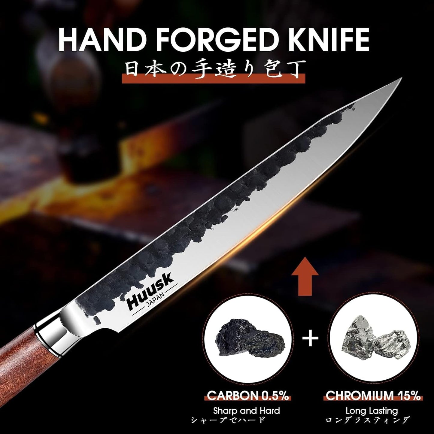 Huusk Butcher Knife Set of 3 - Japanese Knife Set for Meat Cutting | Hand Forged Viking Knives Sets with Meat Cleaver, Heavy-Duty Kitchen Knives Sets for Bone BBQ Vegetable, Gift for Men
