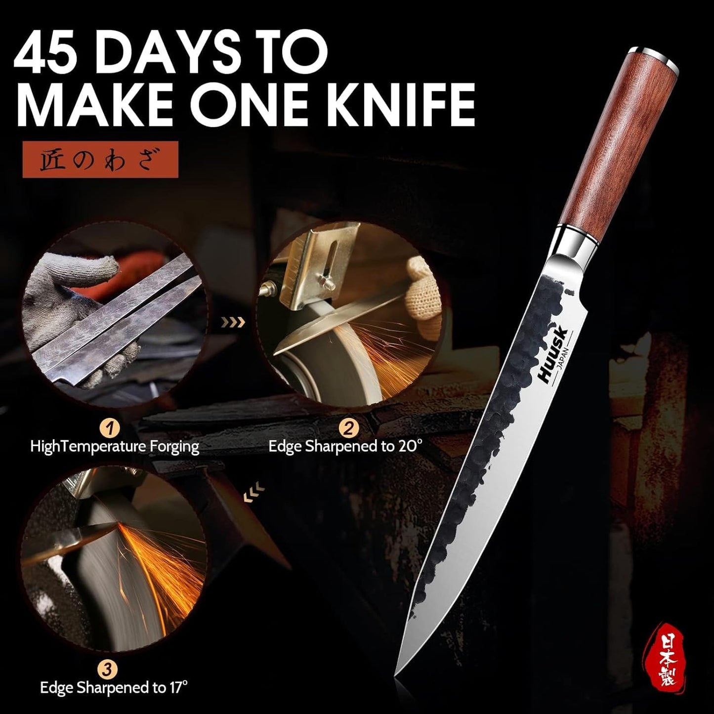 Huusk Butcher Knife Set of 3 - Japanese Knife Set for Meat Cutting | Hand Forged Viking Knives Sets with Meat Cleaver, Heavy-Duty Kitchen Knives Sets for Bone BBQ Vegetable, Gift for Men