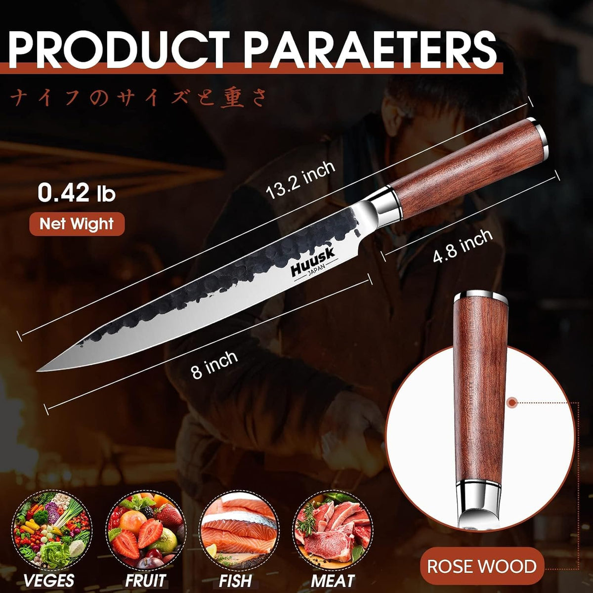 Huusk Butcher Knife Set of 3 - Japanese Knife Set for Meat Cutting | Hand Forged Viking Knives Sets with Meat Cleaver, Heavy-Duty Kitchen Knives Sets for Bone BBQ Vegetable, Gift for Men