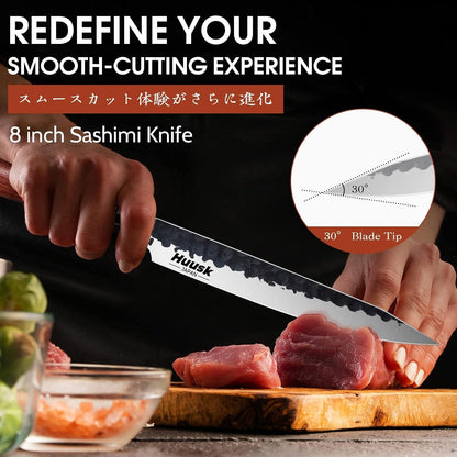 Huusk Butcher Knife Set of 3 - Japanese Knife Set for Meat Cutting | Hand Forged Viking Knives Sets with Meat Cleaver, Heavy-Duty Kitchen Knives Sets for Bone BBQ Vegetable, Gift for Men