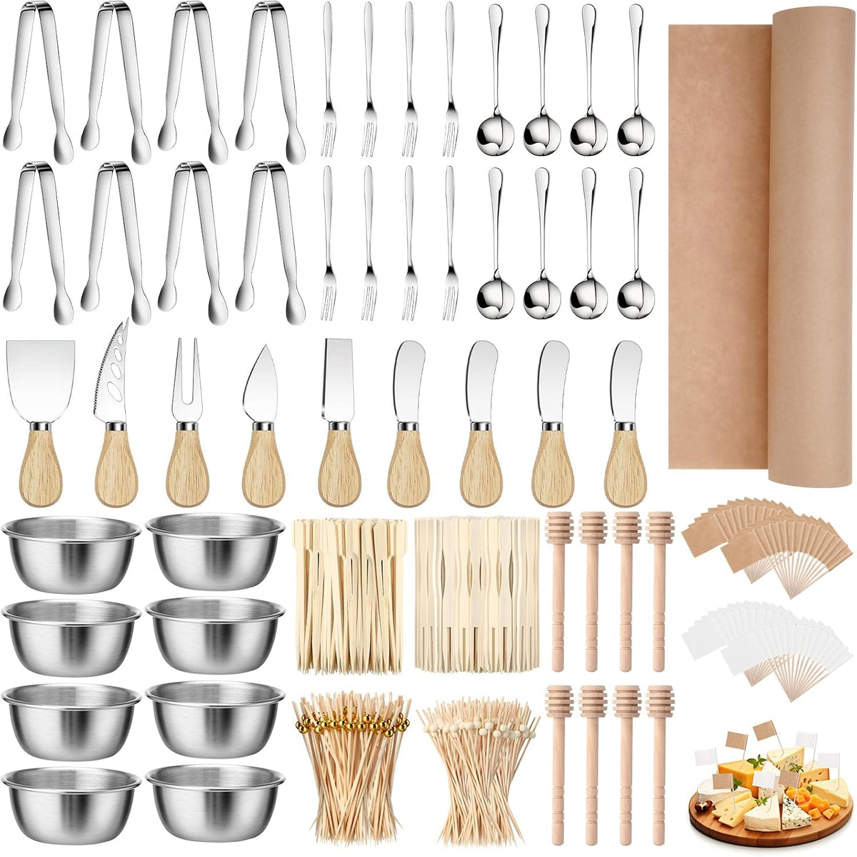 530 Pcs Charcuterie Board Accessories Cheese Butter Spreader Knife Set Butcher Paper Roll Serving Tongs Forks Spoons Dipping Bowls Dippers Cocktail Picks for Party Wedding Christmas (Silver)