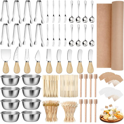 530 Pcs Charcuterie Board Accessories Cheese Butter Spreader Knife Set Butcher Paper Roll Serving Tongs Forks Spoons Dipping Bowls Dippers Cocktail Picks for Party Wedding Christmas (Silver)