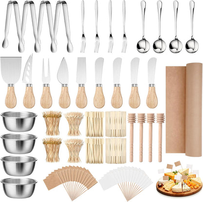 530 Pcs Charcuterie Board Accessories Cheese Butter Spreader Knife Set Butcher Paper Roll Serving Tongs Forks Spoons Dipping Bowls Dippers Cocktail Picks for Party Wedding Christmas (Silver)