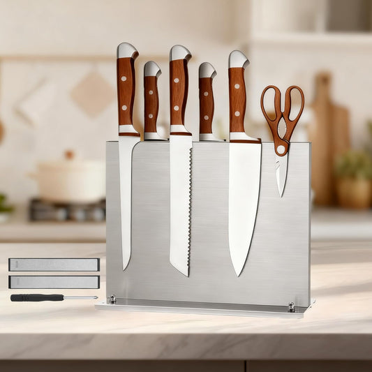 Stainless Steel Magnetic Knife Holder with 2pcs Sharpener | Double Sided Strong Magnetic Knife Block, Magnetic Knife Stand for Kitchen Countertop, Anti-movement Suction Cup Base