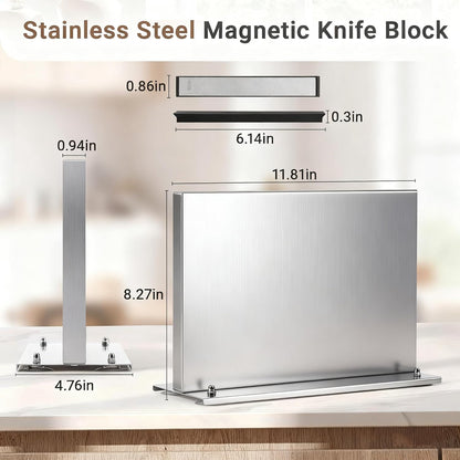 Stainless Steel Magnetic Knife Holder with 2pcs Sharpener | Double Sided Strong Magnetic Knife Block, Magnetic Knife Stand for Kitchen Countertop, Anti-movement Suction Cup Base