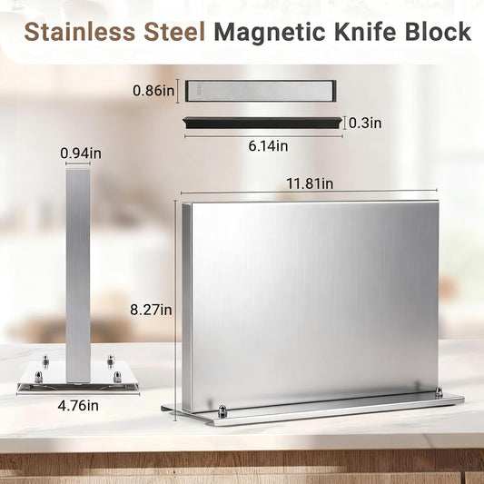 Stainless Steel Magnetic Knife Holder with 2pcs Sharpener | Double Sided Strong Magnetic Knife Block, Magnetic Knife Stand for Kitchen Countertop, Anti-movement Suction Cup Base