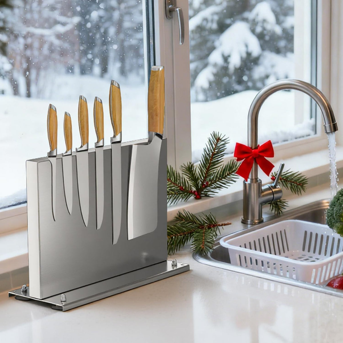Stainless Steel Magnetic Knife Holder with 2pcs Sharpener | Double Sided Strong Magnetic Knife Block, Magnetic Knife Stand for Kitchen Countertop, Anti-movement Suction Cup Base
