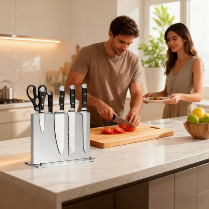 Stainless Steel Magnetic Knife Holder with 2pcs Sharpener | Double Sided Strong Magnetic Knife Block, Magnetic Knife Stand for Kitchen Countertop, Anti-movement Suction Cup Base