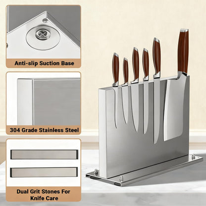 Stainless Steel Magnetic Knife Holder with 2pcs Sharpener | Double Sided Strong Magnetic Knife Block, Magnetic Knife Stand for Kitchen Countertop, Anti-movement Suction Cup Base