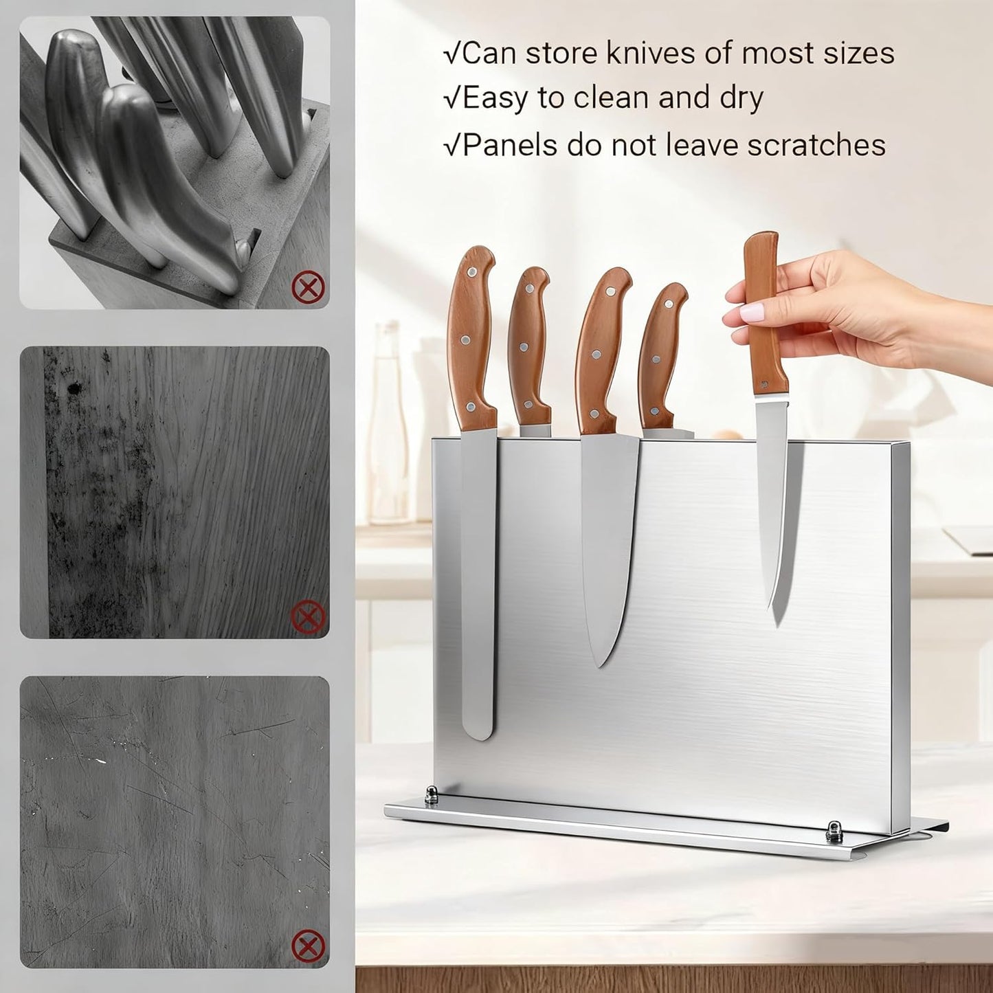 Stainless Steel Magnetic Knife Holder with 2pcs Sharpener | Double Sided Strong Magnetic Knife Block, Magnetic Knife Stand for Kitchen Countertop, Anti-movement Suction Cup Base