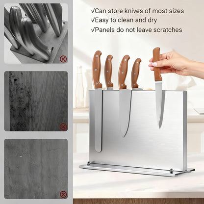 Stainless Steel Magnetic Knife Holder with 2pcs Sharpener | Double Sided Strong Magnetic Knife Block, Magnetic Knife Stand for Kitchen Countertop, Anti-movement Suction Cup Base