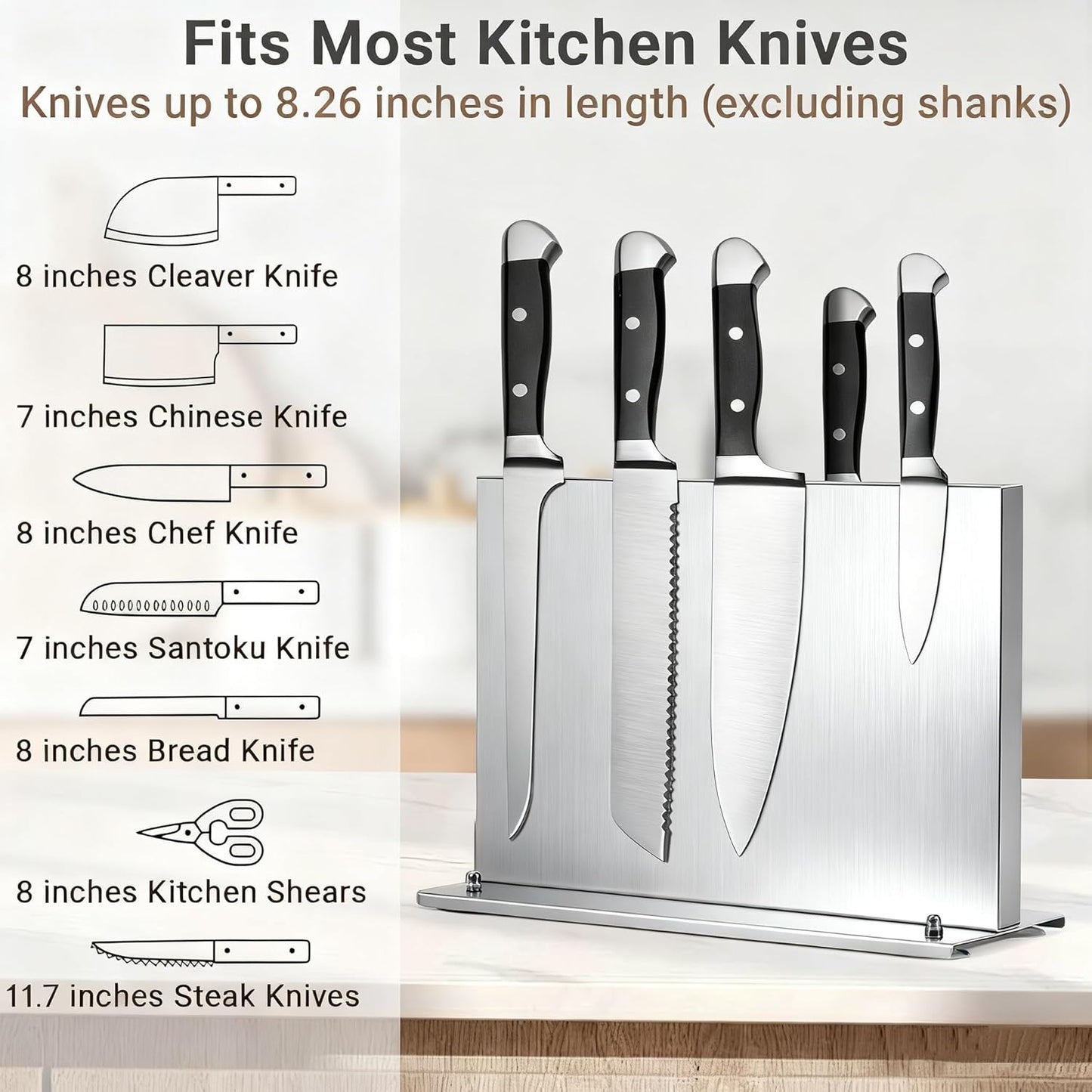 Stainless Steel Magnetic Knife Holder with 2pcs Sharpener | Double Sided Strong Magnetic Knife Block, Magnetic Knife Stand for Kitchen Countertop, Anti-movement Suction Cup Base