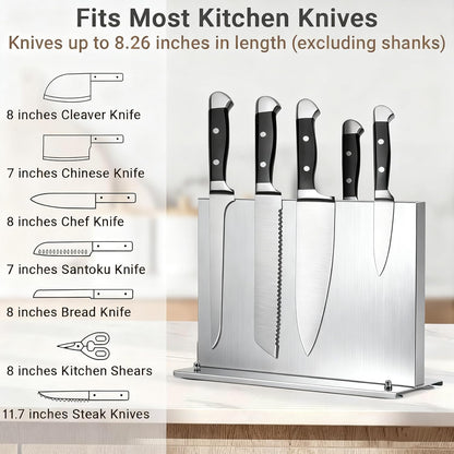 Stainless Steel Magnetic Knife Holder with 2pcs Sharpener | Double Sided Strong Magnetic Knife Block, Magnetic Knife Stand for Kitchen Countertop, Anti-movement Suction Cup Base