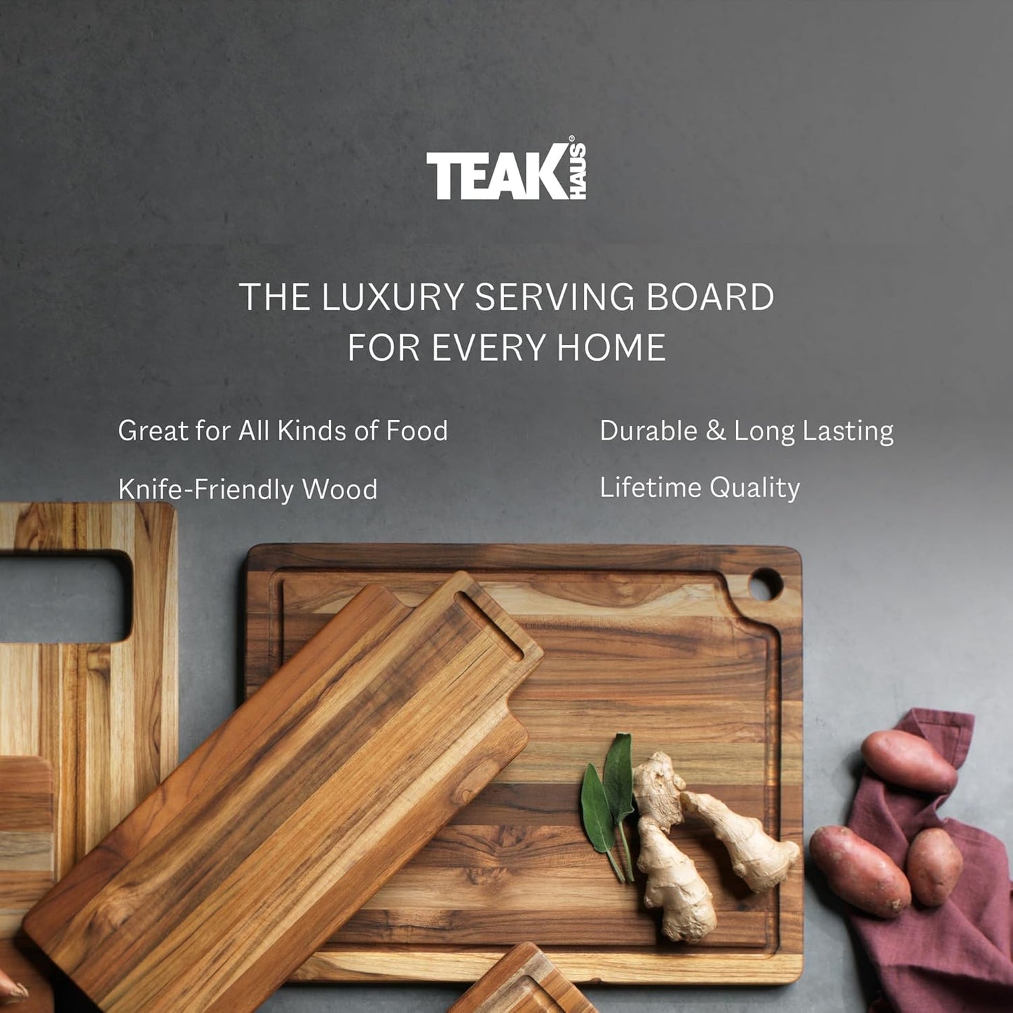 Teak Cutting Board - Rectangle Edge Grain Board With Corner Hole And Juice Canal (16 x 12 x .5 in.)