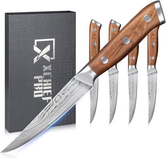 Steak Knives Set of 4-4.5 Inch Damascus Pattern Ultra-Sharp High Carbon Stainless Steel Blade Fruit Knife, Professional Paring Knives Sets, Christmas Gifts with Gift Box