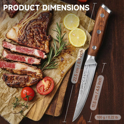 Steak Knives Set of 4-4.5 Inch Damascus Pattern Ultra-Sharp High Carbon Stainless Steel Blade Fruit Knife, Professional Paring Knives Sets, Christmas Gifts with Gift Box