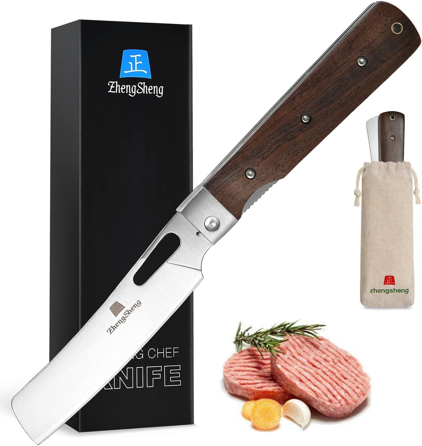 Folding Chef Knife 4.8” Ultra Sharp 440A Stainless Steel Blade Natural Olive Handle Pocket Foldable Japanese Style Kitchen Knife for Outdoor Camping BBQ trip Cooking