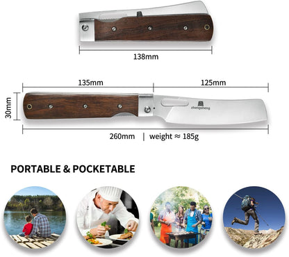 Folding Chef Knife 4.8” Ultra Sharp 440A Stainless Steel Blade Natural Olive Handle Pocket Foldable Japanese Style Kitchen Knife for Outdoor Camping BBQ trip Cooking