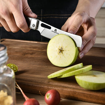 Folding Chef Knife 4.8” Ultra Sharp 440A Stainless Steel Blade Natural Olive Handle Pocket Foldable Japanese Style Kitchen Knife for Outdoor Camping BBQ trip Cooking