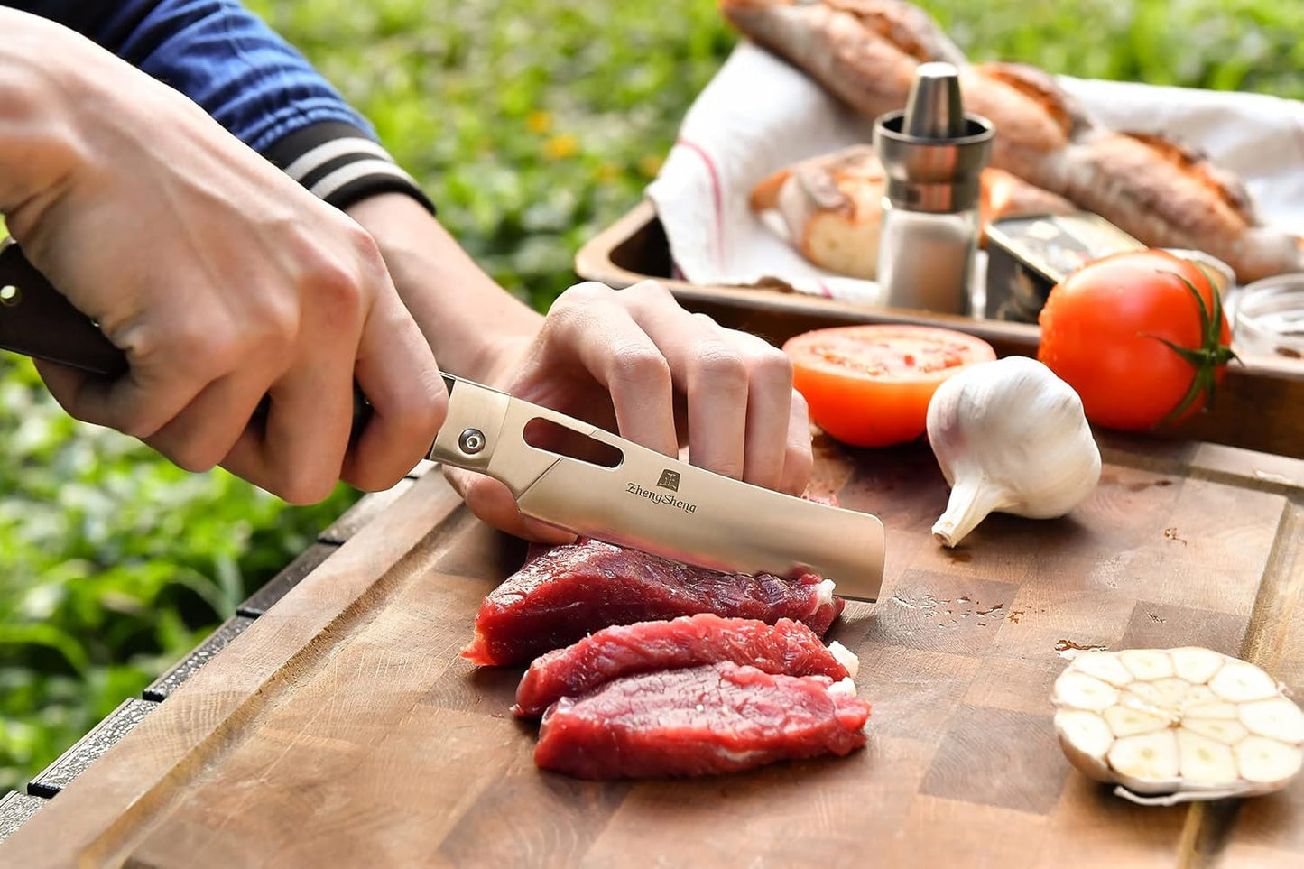 Folding Chef Knife 4.8” Ultra Sharp 440A Stainless Steel Blade Natural Olive Handle Pocket Foldable Japanese Style Kitchen Knife for Outdoor Camping BBQ trip Cooking