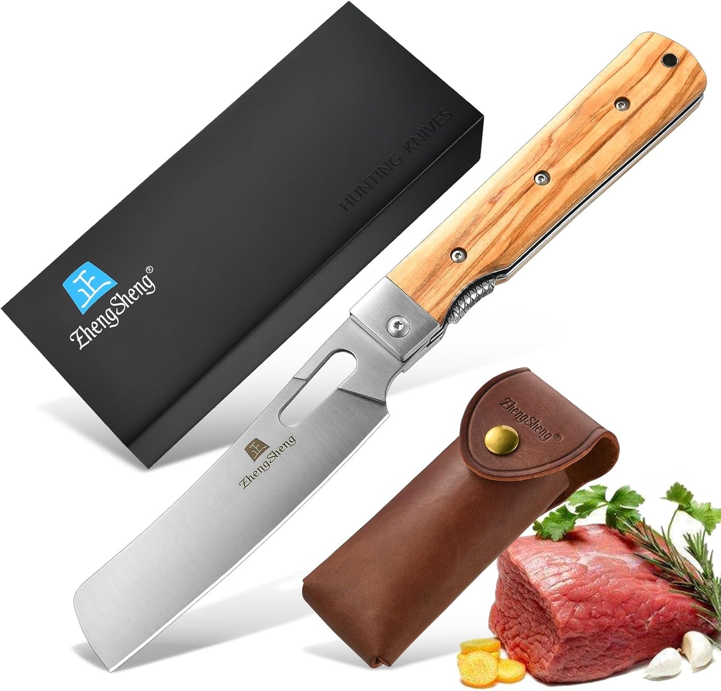 Folding Chef Knife 4.8” Ultra Sharp 440A Stainless Steel Blade Natural Olive Handle Pocket Foldable Japanese Style Kitchen Knife for Outdoor Camping BBQ trip Cooking