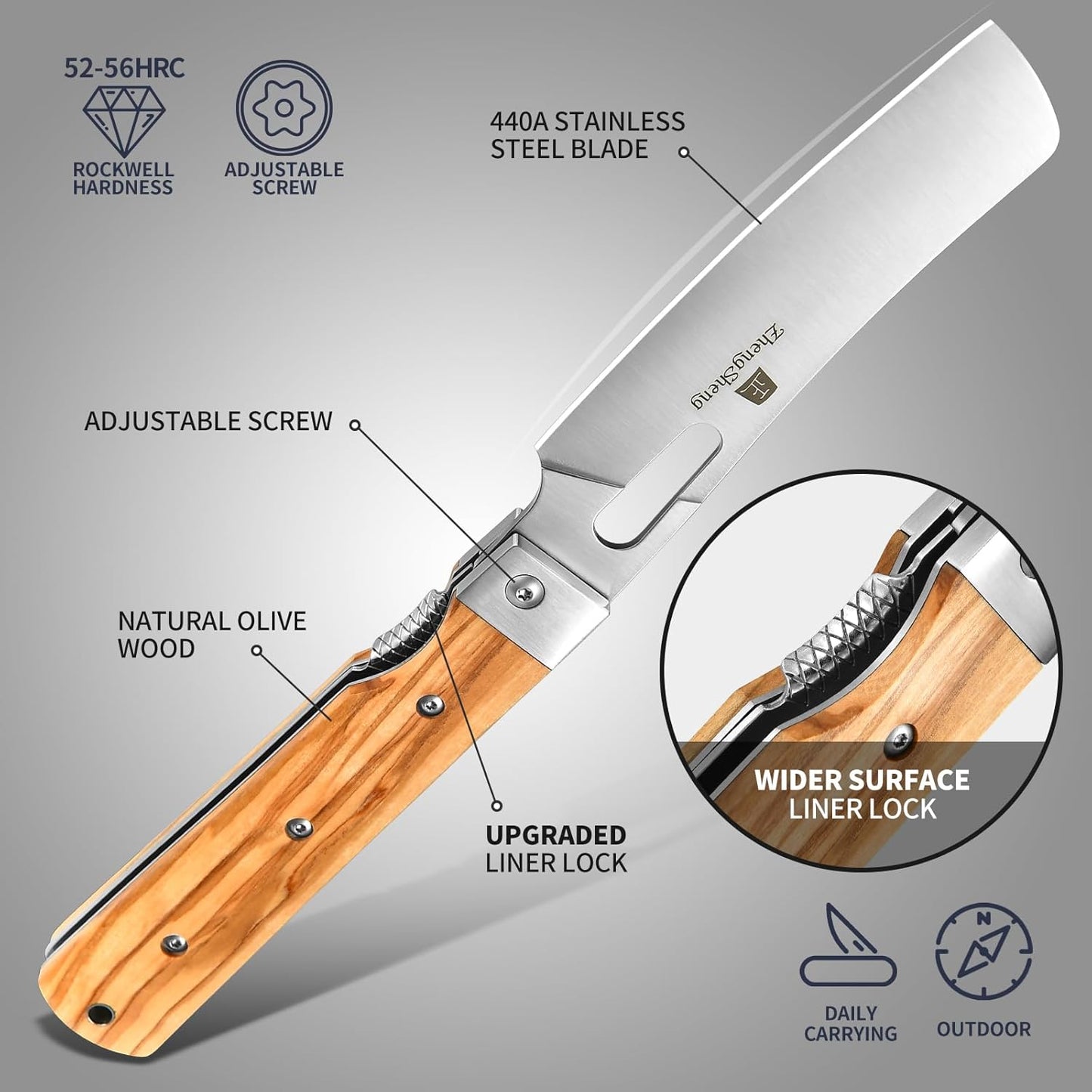 Folding Chef Knife 4.8” Ultra Sharp 440A Stainless Steel Blade Natural Olive Handle Pocket Foldable Japanese Style Kitchen Knife for Outdoor Camping BBQ trip Cooking