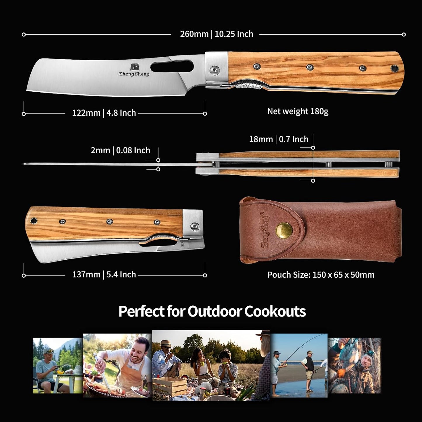 Folding Chef Knife 4.8” Ultra Sharp 440A Stainless Steel Blade Natural Olive Handle Pocket Foldable Japanese Style Kitchen Knife for Outdoor Camping BBQ trip Cooking