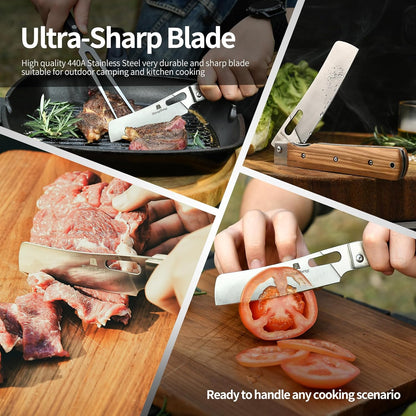 Folding Chef Knife 4.8” Ultra Sharp 440A Stainless Steel Blade Natural Olive Handle Pocket Foldable Japanese Style Kitchen Knife for Outdoor Camping BBQ trip Cooking
