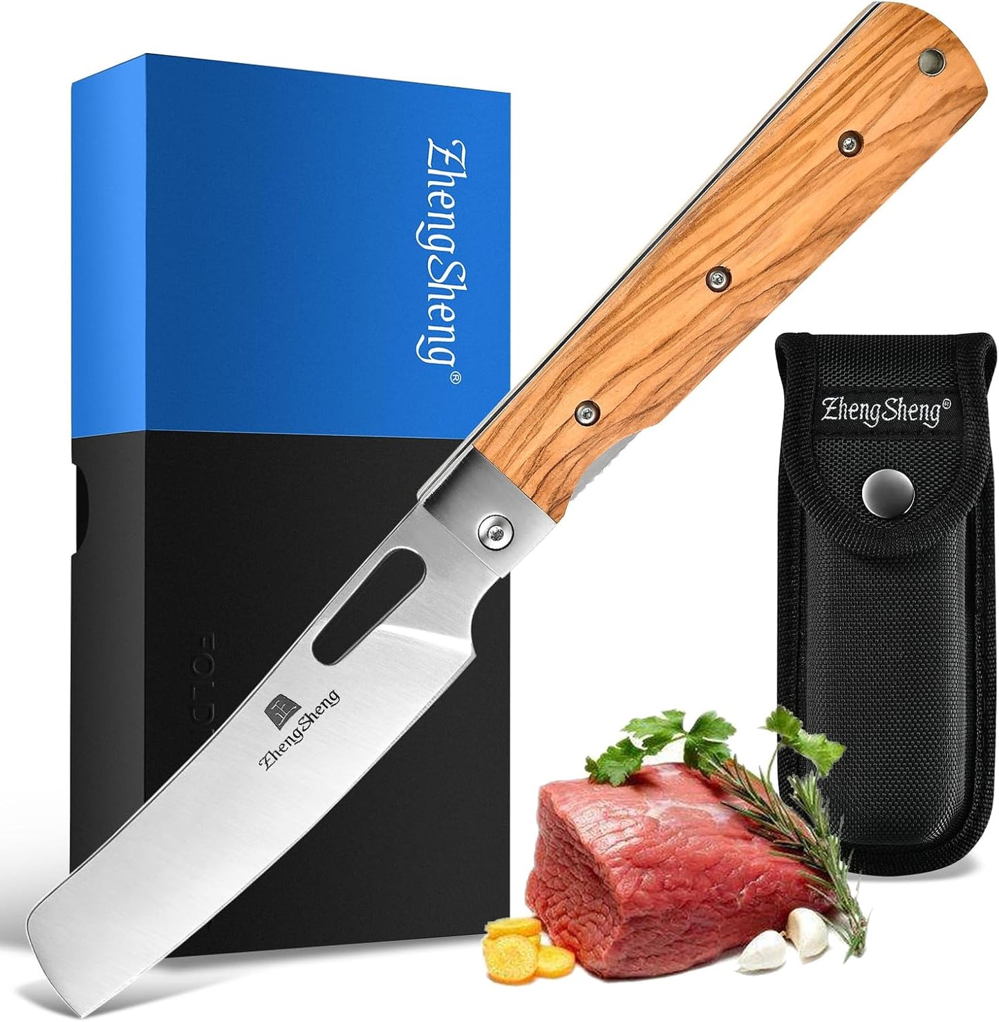 Folding Chef Knife 4.8” Ultra Sharp 440A Stainless Steel Blade Natural Olive Handle Pocket Foldable Japanese Style Kitchen Knife for Outdoor Camping BBQ trip Cooking
