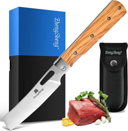 Folding Chef Knife 4.8” Ultra Sharp 440A Stainless Steel Blade Natural Olive Handle Pocket Foldable Japanese Style Kitchen Knife for Outdoor Camping BBQ trip Cooking