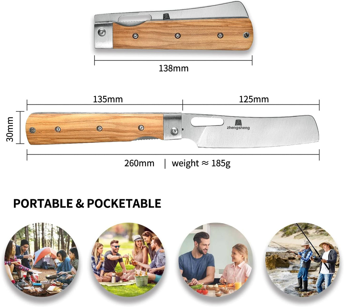 Folding Chef Knife 4.8” Ultra Sharp 440A Stainless Steel Blade Natural Olive Handle Pocket Foldable Japanese Style Kitchen Knife for Outdoor Camping BBQ trip Cooking